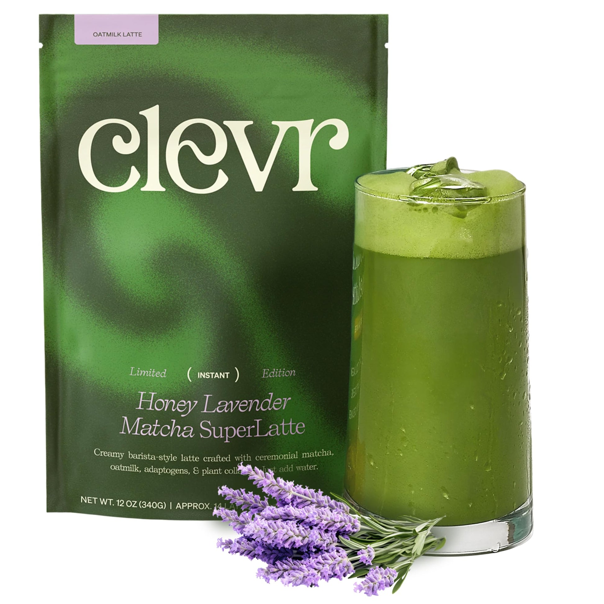 Clevr Blends Organic Honey Lavender Matcha SuperLatte  Instant Ceremonial Grade  Superfood Powder Blend  Oat Milk  Lion Mane  Reishi Mushroom  Coconut Cream  Ashwagandha  Serve Hot or Iced (14 Lattes)