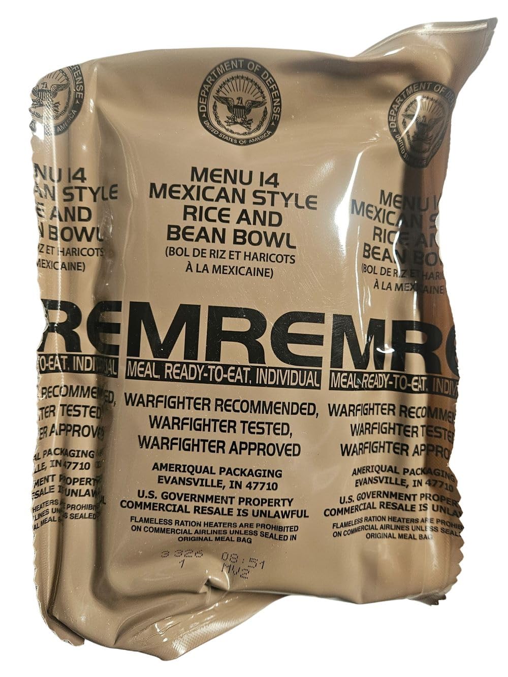 EPIDEMIC PROOF Genuine USGI MRE Meal, Ready to Eat - Bean and Rice Bowl, Inspection Date 01/2026 or Newer, New Packaging