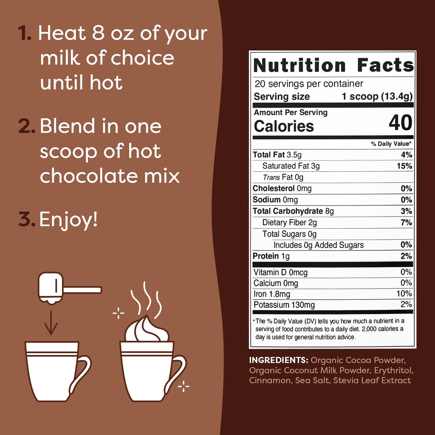 FlavCity Prebiotic Keto Hot Chocolate Mix - Vegan, Low-Carb, High Fiber, 45 Calories - 9.45 oz, Dairy & Sugar-Free, 20 Servings