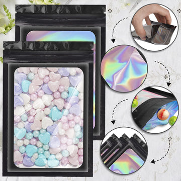 100 Pieces Smell Proof Mylar Bags, Holographic Packaging Bags, Resealable Odor Foil Pouch Zipper Bags With Clear Window For Food