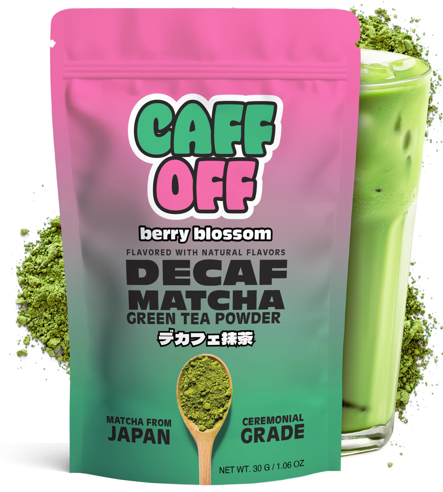 Caff Off Decaf Strawberry Matcha Green Tea Powder - Ceremonial Grade, Sugar-Free, 30 g, Naturally Decaffeinated, First Harvest