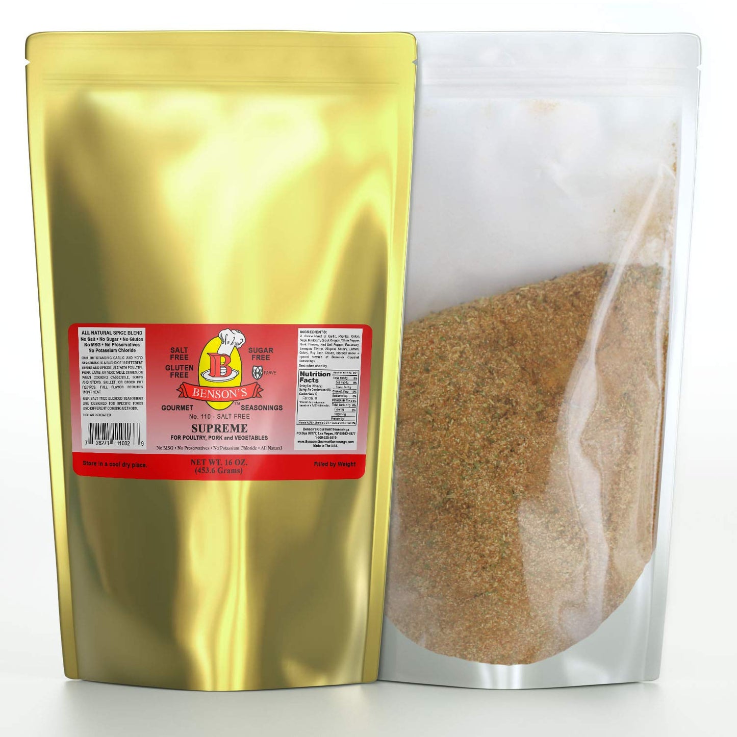 Bensons - 1 Pound Supreme Garlic And Herb Seasoning - Salt-Free, Sugar-Free, Gluten-Free, No Potassium Chloride, No Msg, No Pres