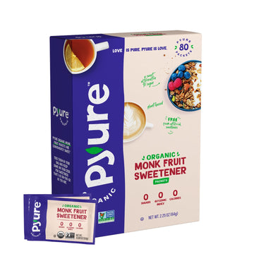 Pyure Organic Monk Fruit Sweetener Packets | Granulated White Sugar Substitute | Zero Carb, Zero Sugar, Zero Calorie | Plant-Bas