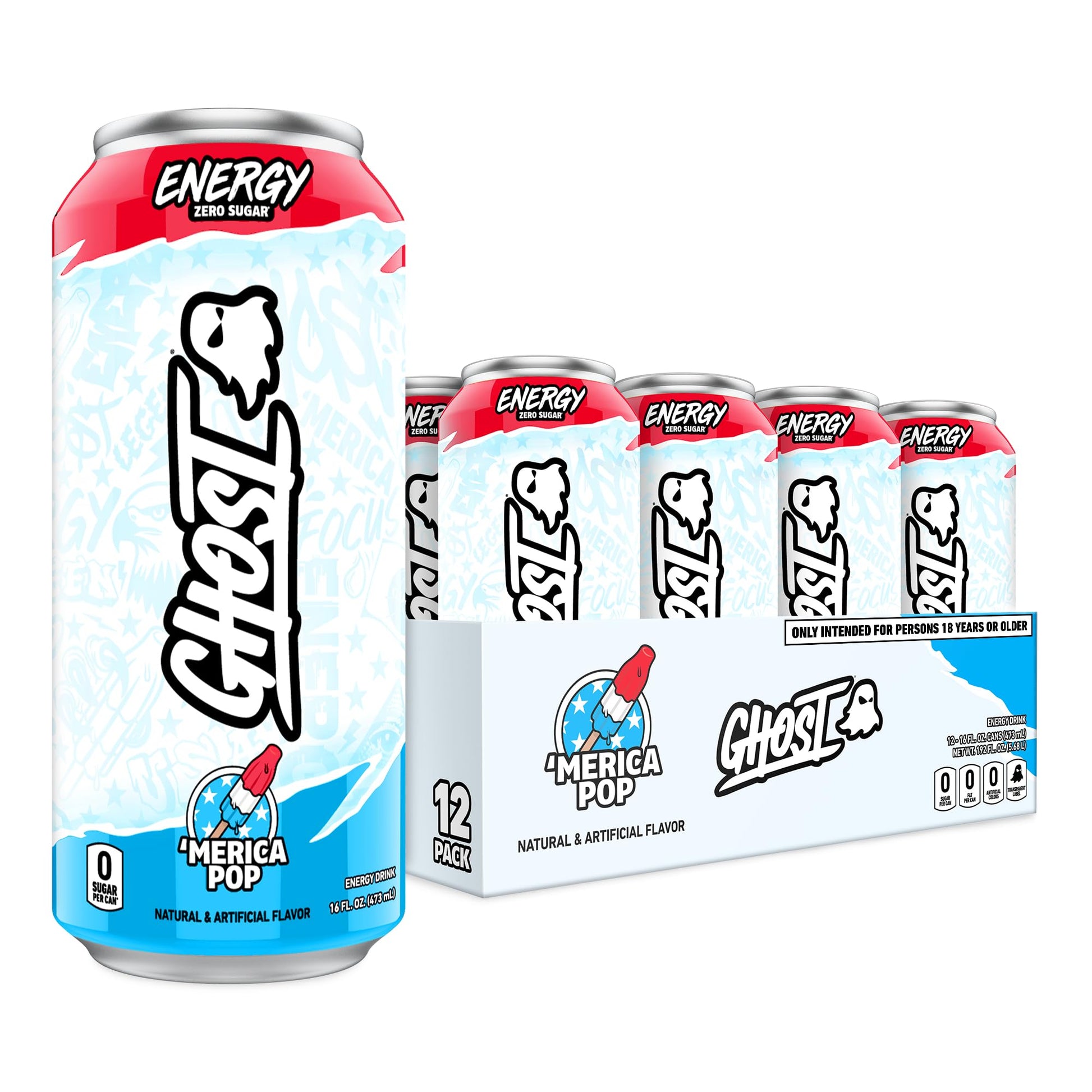 GHOST Energy Drink - 12-Pack, Merica Pop, 16oz Cans, 200mg Natural Caffeine, Gluten-Free, Vegan