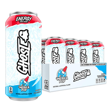 GHOST Energy Drink - 12-Pack, Merica Pop, 16oz Cans, 200mg Natural Caffeine, Gluten-Free, Vegan