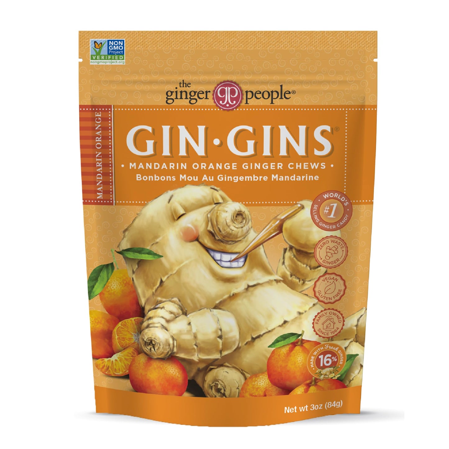 The Ginger People GIN GINS Mandarin Orange Ginger Chews - Natural Candy - 3 oz Bag - Pack of 1