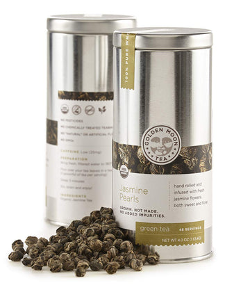 Golden Moon Tea Organic Jasmine Pearls Green Tea - Loose Leaf Dragon Pearls, Premium Grade, Non Gmo - Travel Tin (48 Servings)