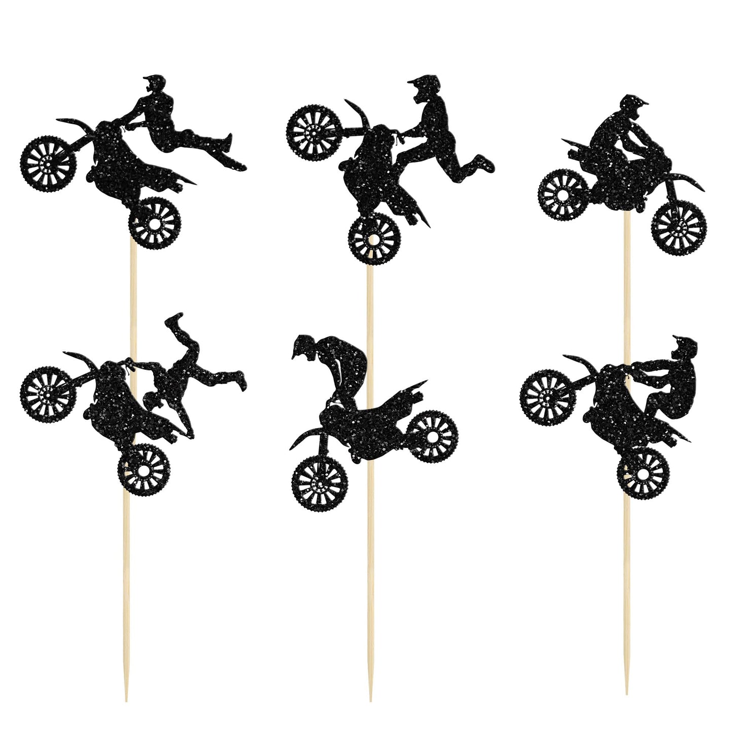 Gyufise 24Pcs Motorcycle Cupcake Toppers Black Glitter Motocross Dirt Bike Party Cupcake Picks For Sports Motocross Theme Man Bo