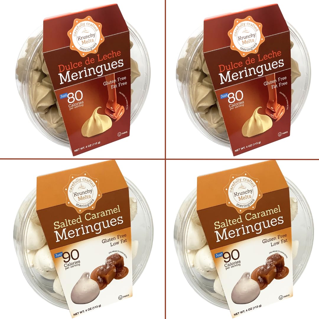 4 Pack Krunchy Melts Original Meringue Cookies | Caramel Delight 4-Pack | 2 Dulce de Leche, 2 Salted Caramel | Only 80-90 Calori