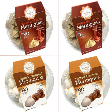 4 Pack Krunchy Melts Original Meringue Cookies | Caramel Delight 4-Pack | 2 Dulce de Leche, 2 Salted Caramel | Only 80-90 Calori