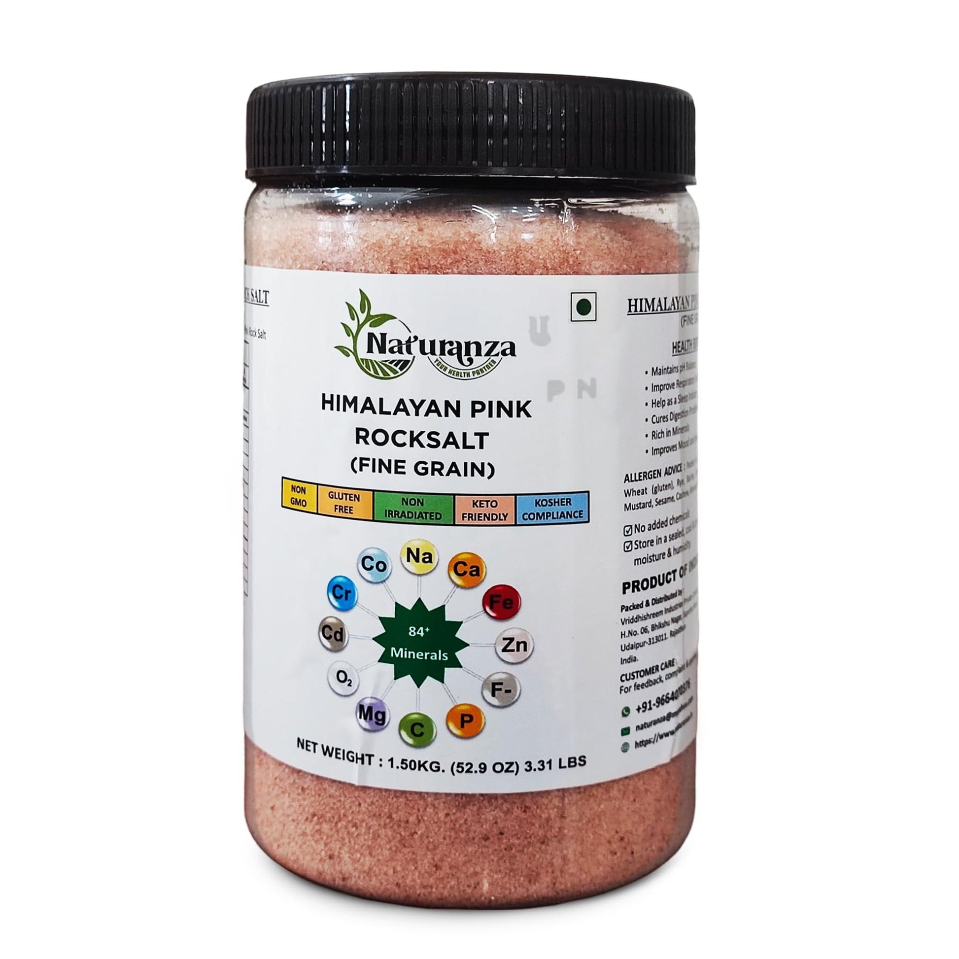 Naturanza Himalayan Pink Rock Salt Fine Grain, 52.9 OZ, Organic, Non-GMO, Gluten-Free, Keto-Friendly, Kosher Compliant