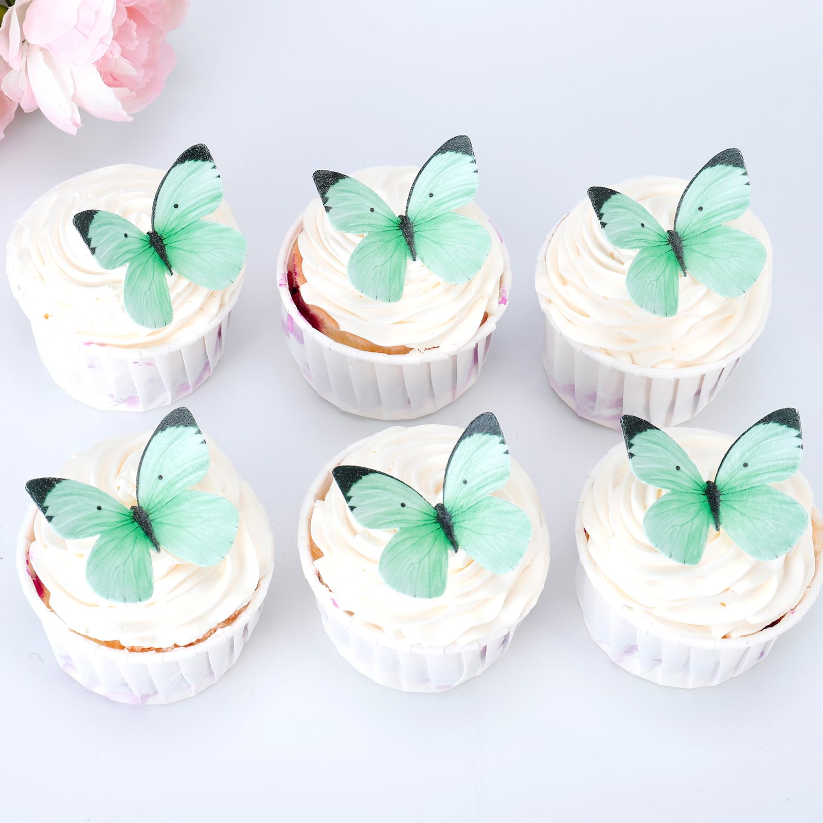 50PCS Edible Butterfly Cake Decorations Green Wafer Paper Butterflies Cake Cupcake Toppers for Women Girls' Happy Birthday Cake 