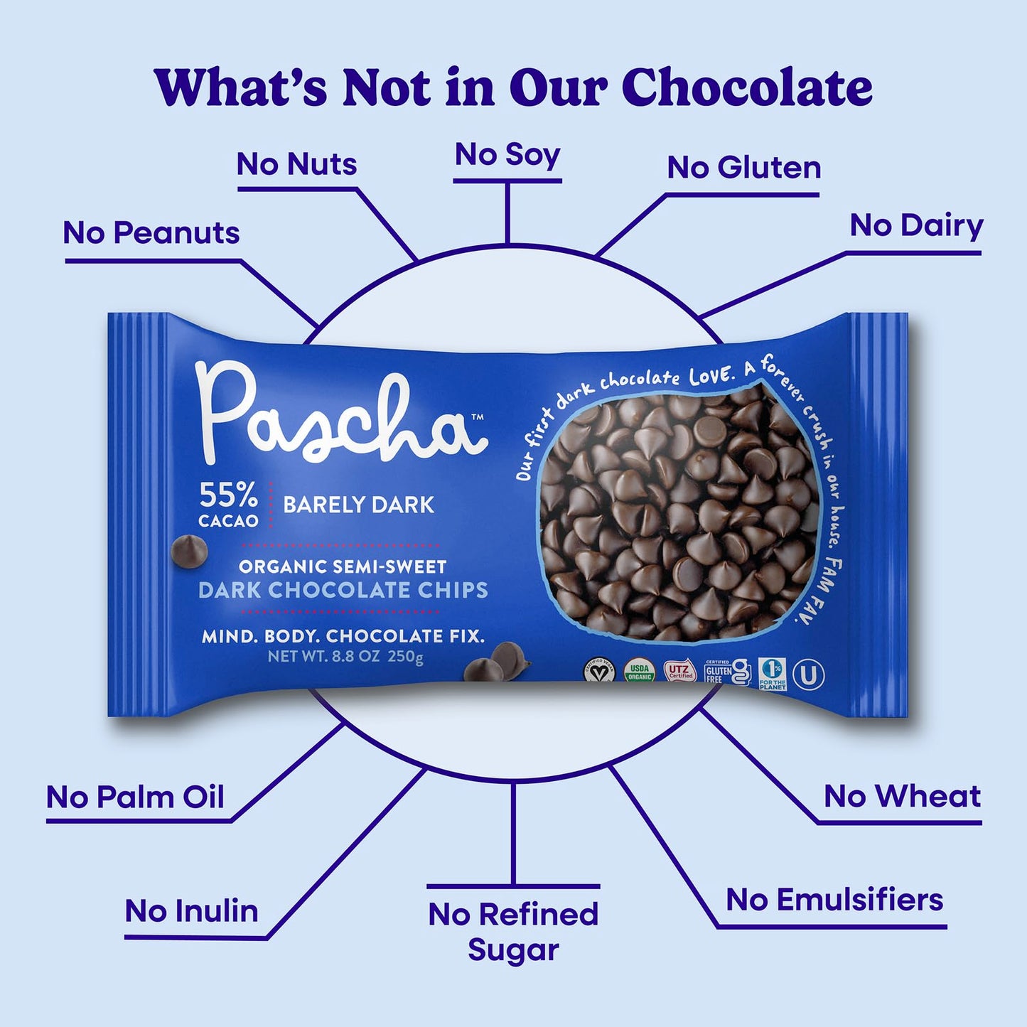 Pascha Organic Semi-Sweet Dark Chocolate Chips, 55% Cacao, Vegan, Allergen-Free, 8.8 Ounce (Pack of 6)