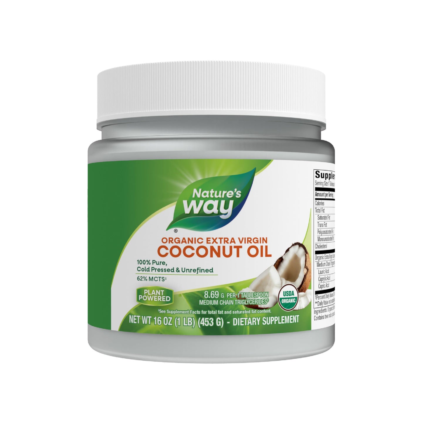 Natures Way Organic Extra Virgin Coconut Oil, Pure and Unrefined, 62% MCTs, 16 Oz