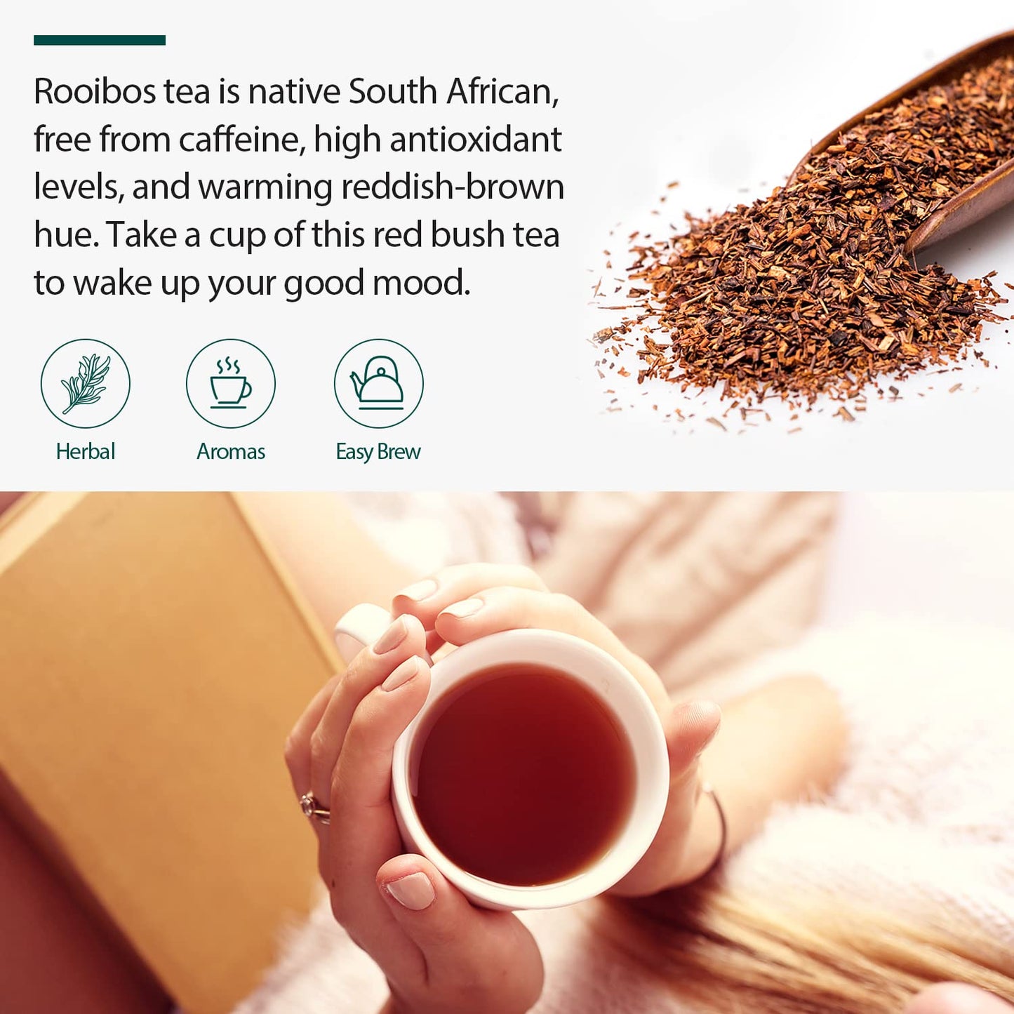Soeos Organic Rooibos Tea, Naturally Caffeine Free, 100 Tagless Tea Bags, 9oz (250g), Black Tea
