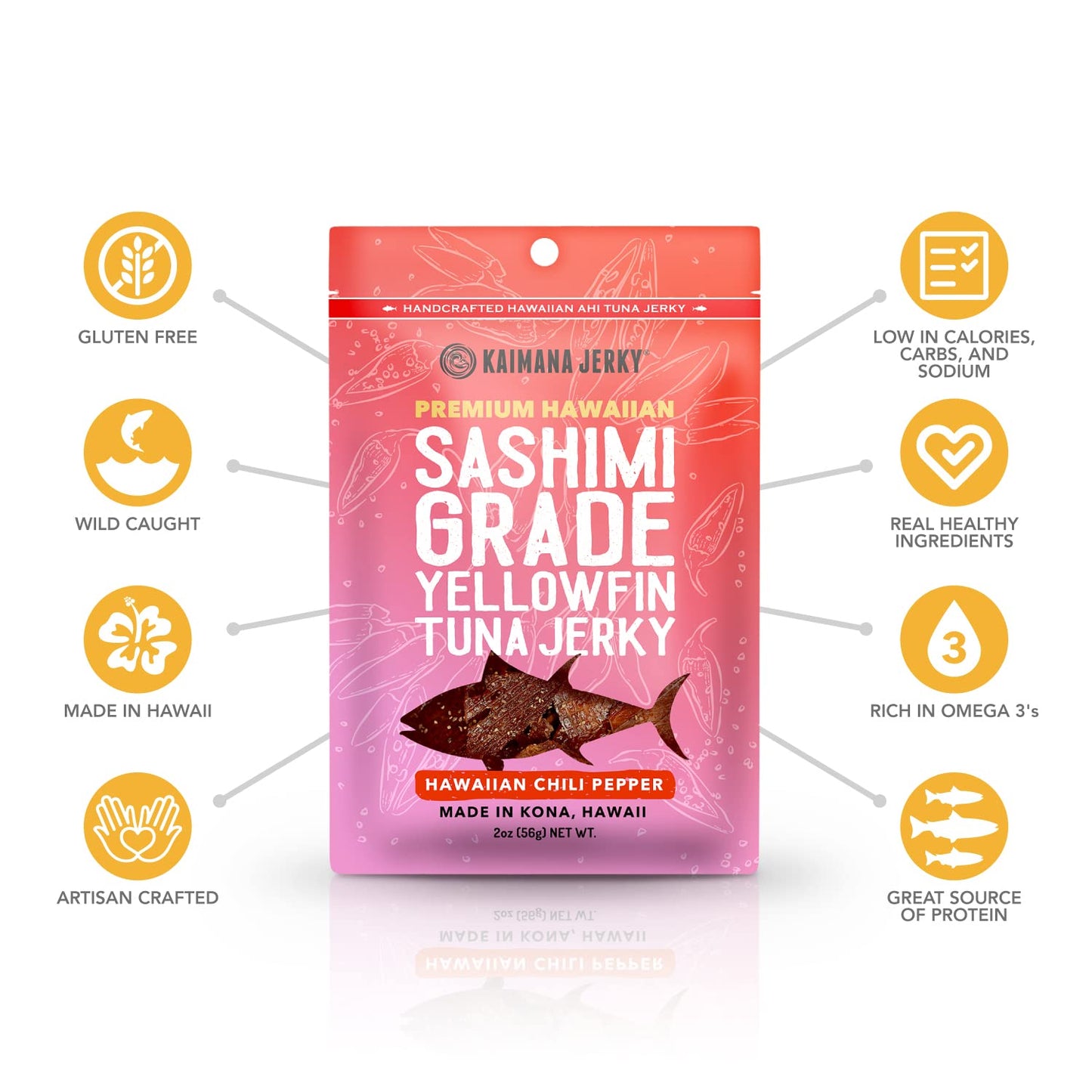 Kaimana Jerky Ahi Tuna Jerky, Hawaiian Chili Pepper, 2 Ounce, Soft and Tasty, All Natural, Wild Caught