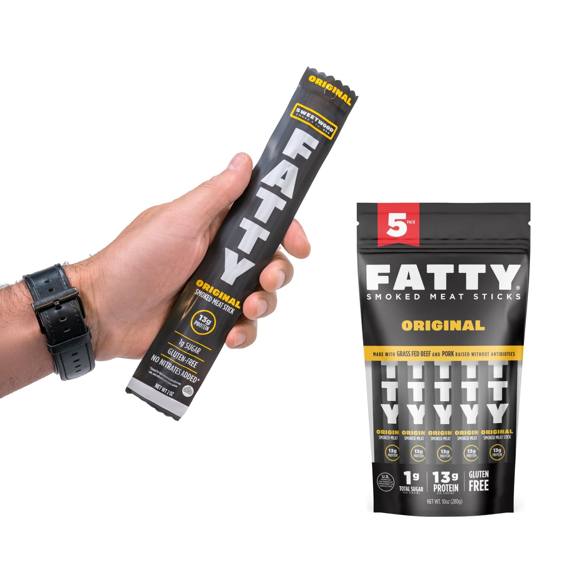 FATTY Meat Sticks, Grass Fed Beef & Antibiotic-Free Pork, 13g Protein, 2 oz. (Pack of 5)