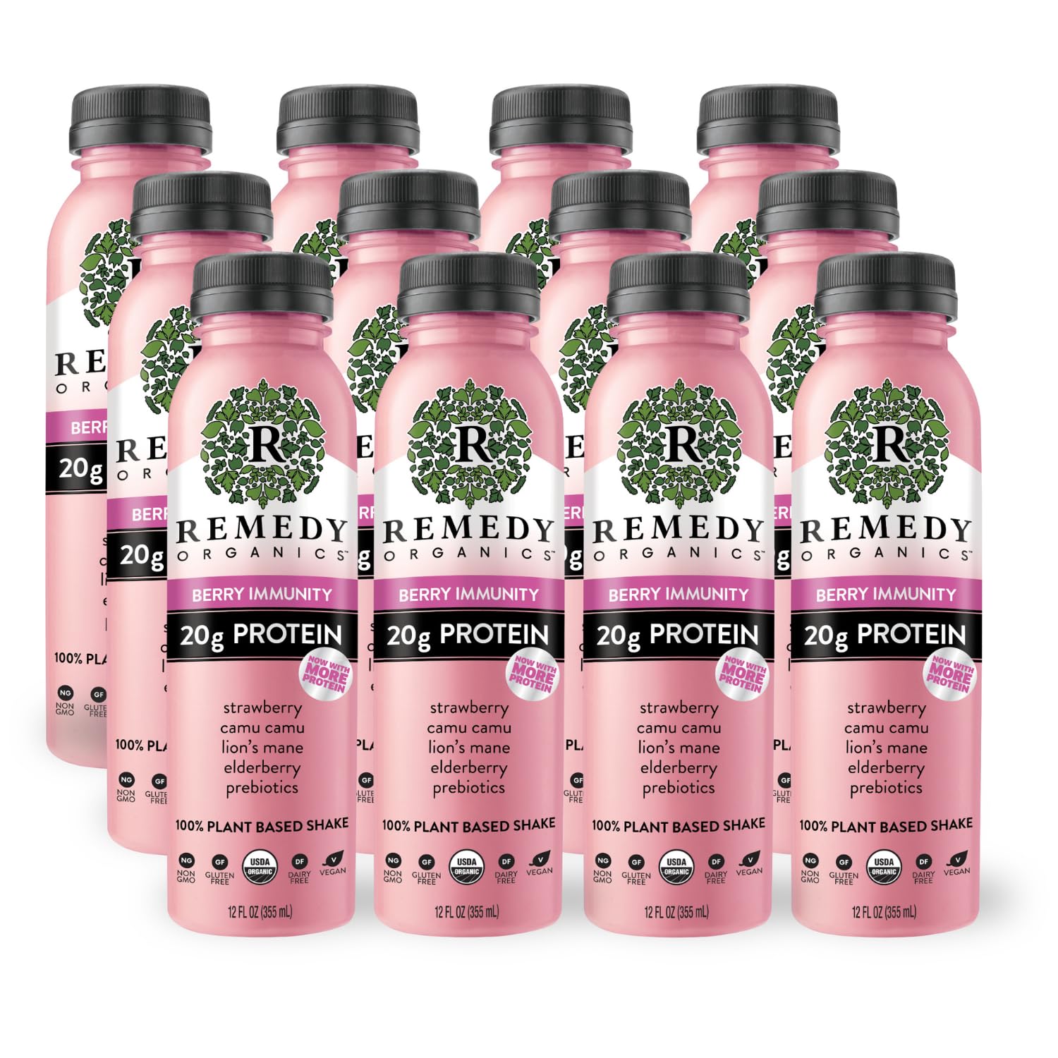 Remedy Organics Berry Immunity 12-Pack | Plant Based 20g Protein Shakes  Ready to Drink | USDA Organic  Gluten Free  Dairy Free  Soy Free