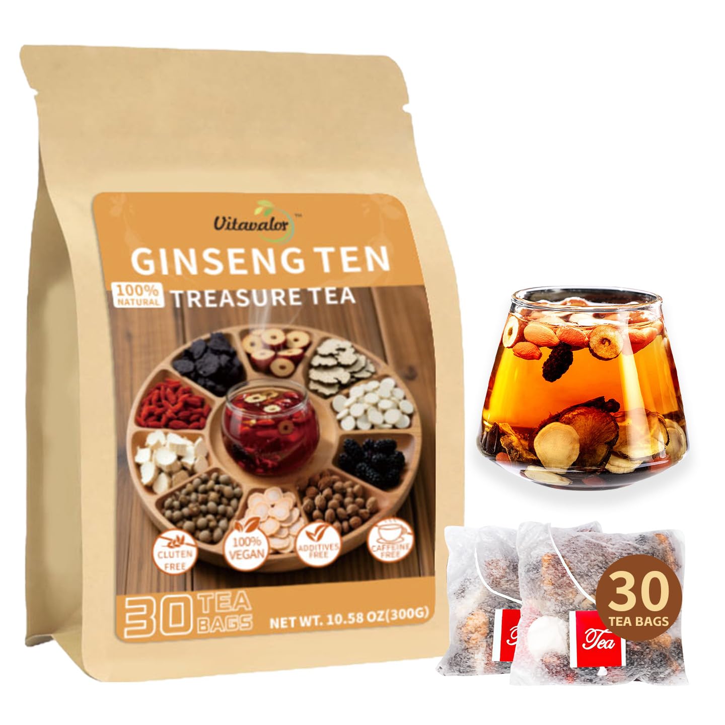 Vitavalor Chinese Traditional Kidney Care Herbal Tea  Flavor Blendseng Ten Treasures Tea  Natural Kidney Cleanse Detox Tea For Men & Women  Formula With 10 Priceless Ingredients  30 Tea Bags