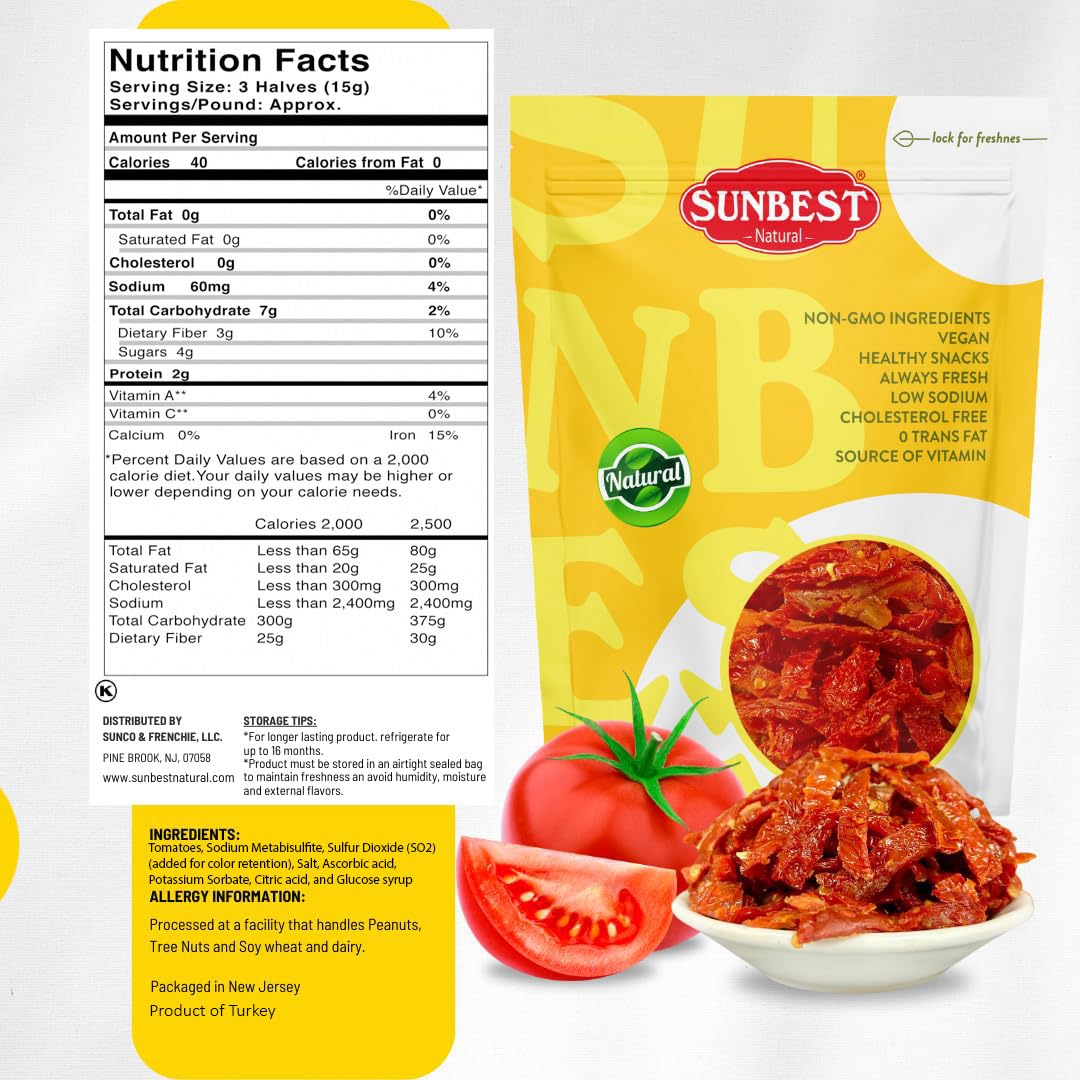 SUNBEST NATURAL Sun-Dried Tomatoes, Julienned, Vegan, Kosher, Non-GMO, 5 lbs, Moist & Ready to Eat, Resealable Bag