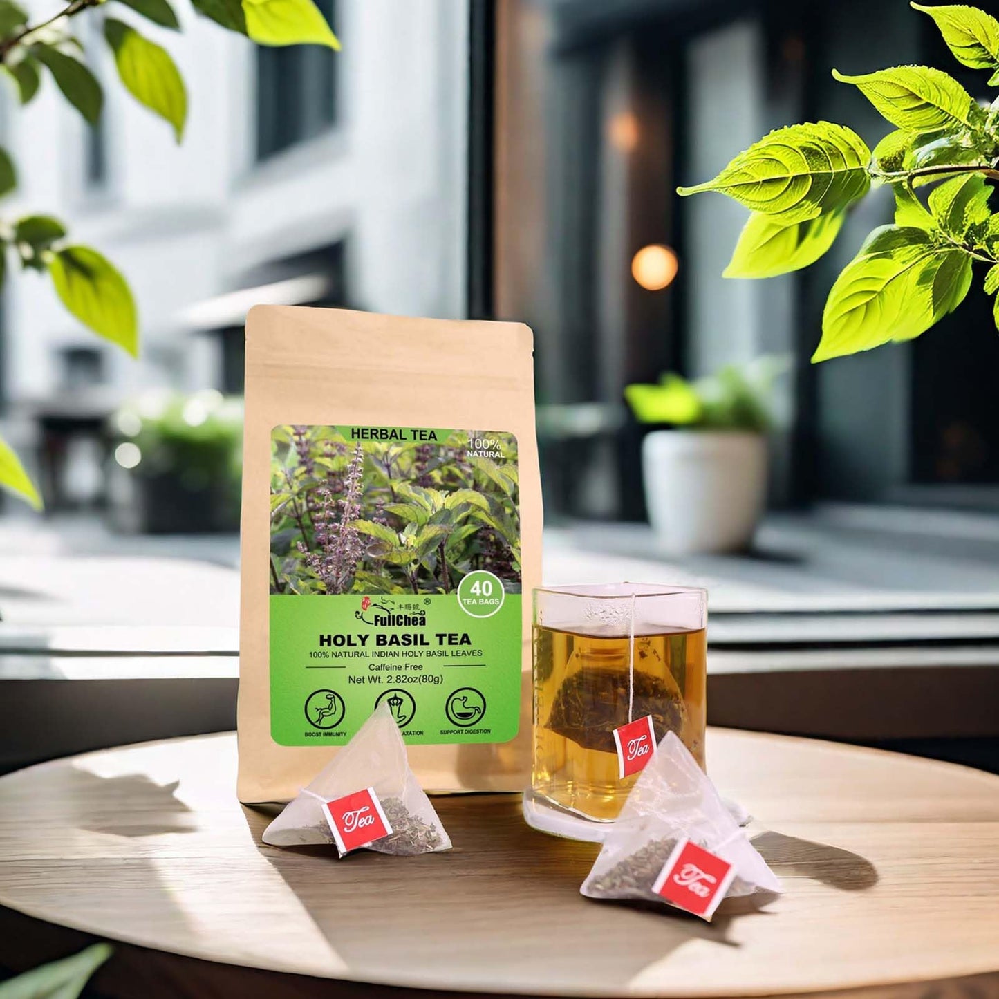 FullChea Holy Basil Tea Bags - 40 Tulsi Teabags, Caffeine-free, Non-GMO, Supports Digestion, Boosts Immunity