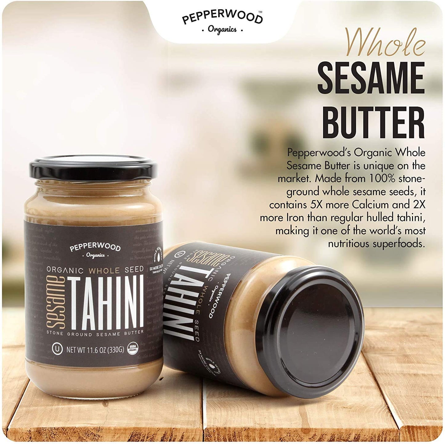 Organic Whole Sesame Tahini Paste - Bulk 6.6lb Bucket - Unhulled & Stone-Ground - Silky Smooth Texture in Hummus, Dips, Dressing