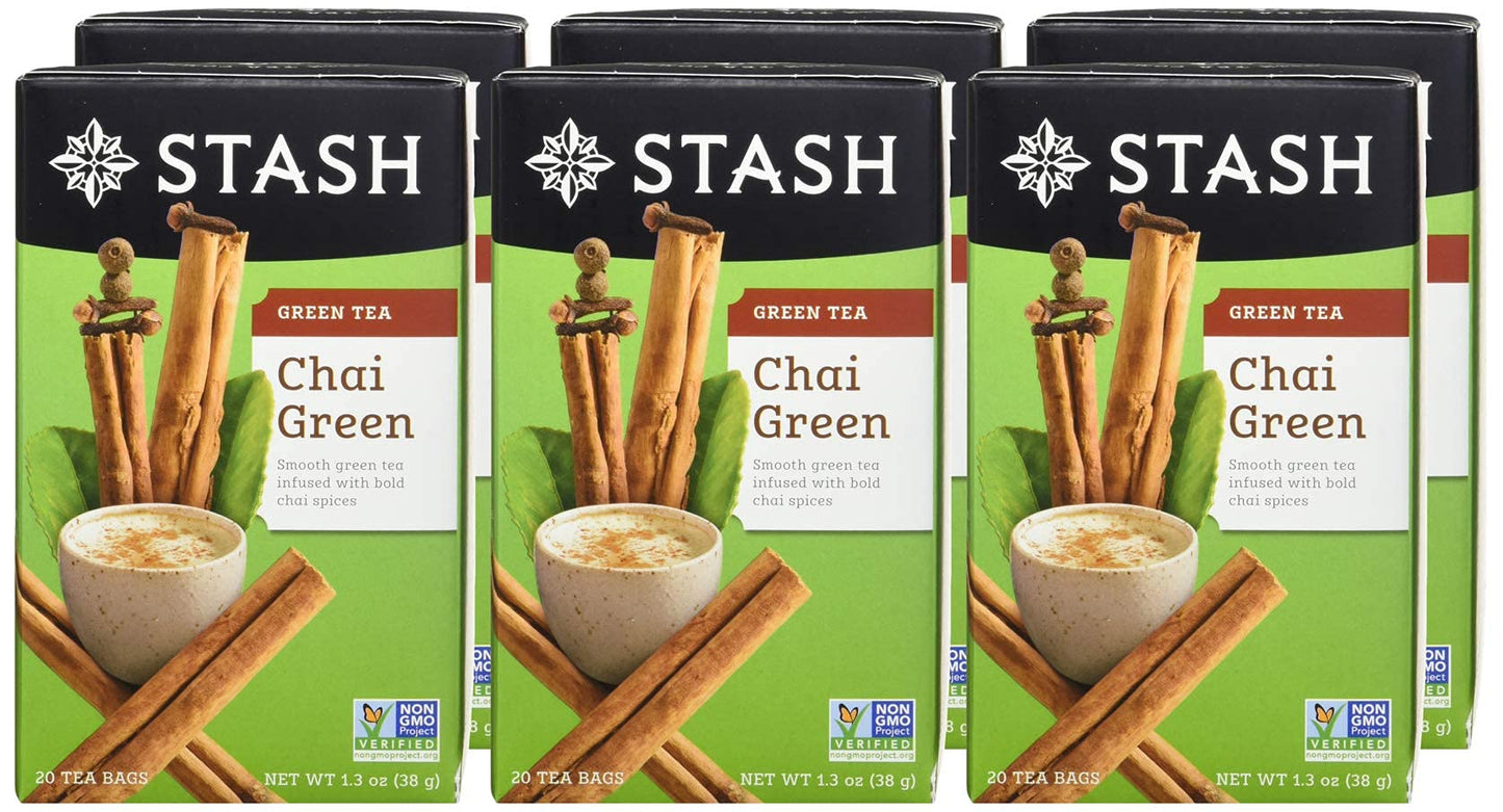 Stash Tea Chai Green Tea - Caffeinated, Non-GMO, 20 Count (Pack of 6) - 120 Bags Total