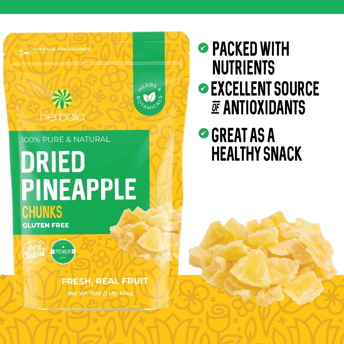 Herbaila Dried Pineapple Chunks, 1 Pound. Dehydrated Pineapple Chunk, Dehydrated Pineapple Bulk, Dried Pineapple Bits. All Natural, Non-Gmo, Lightly Sweetened Dried Pineapples, 16 Oz.