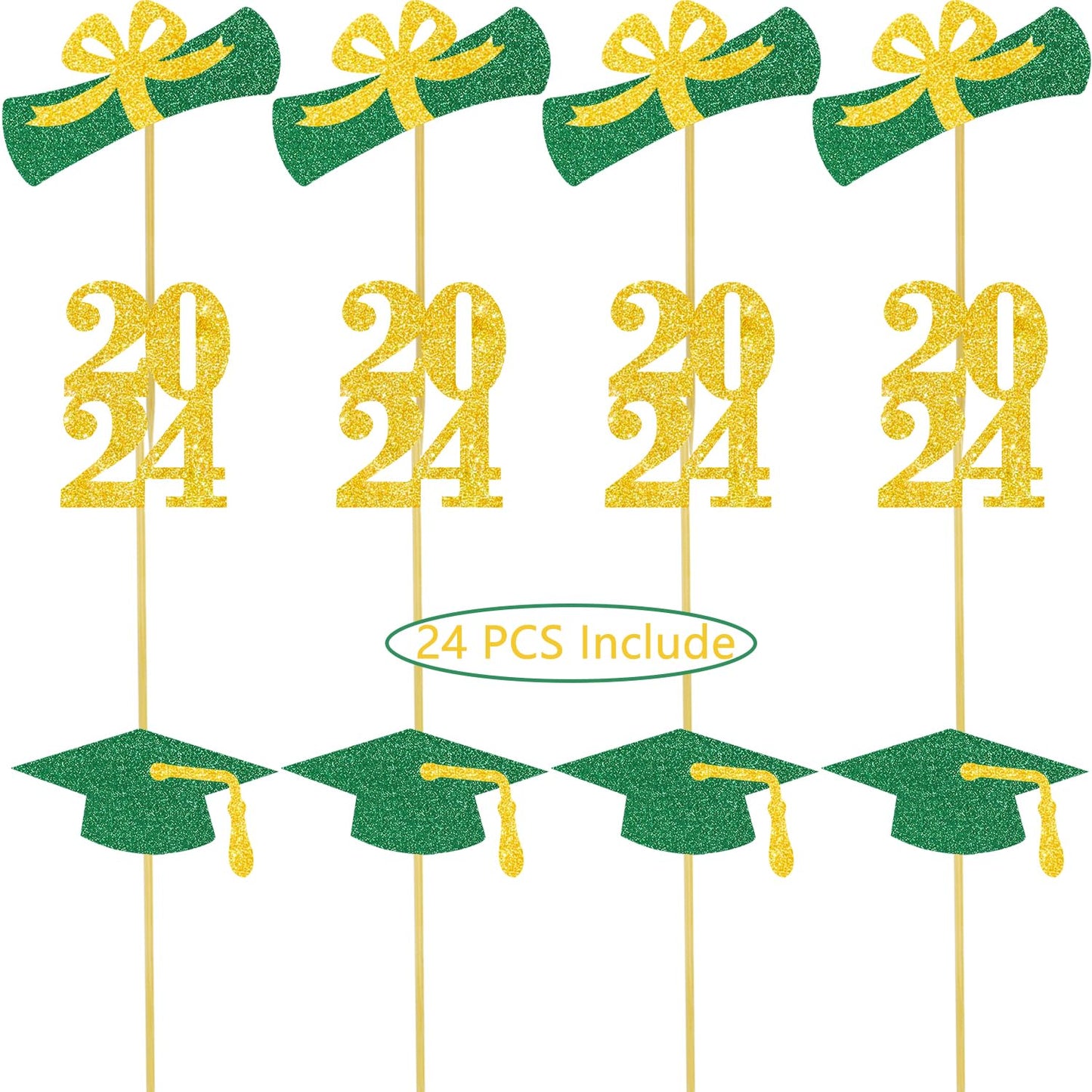 Graduation Cupcake Toppers Grad Party Decoration Food Picks Congrats Glitter Diploma Cap School Colors Supplies 24 Pcs Green Gol