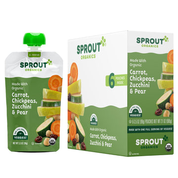 Sprout Organic Baby Food, Stage 2 Pouches, Carrot & Chickpea Plant Powered Protein, 3.5 Oz Purees (Pack Of 12)