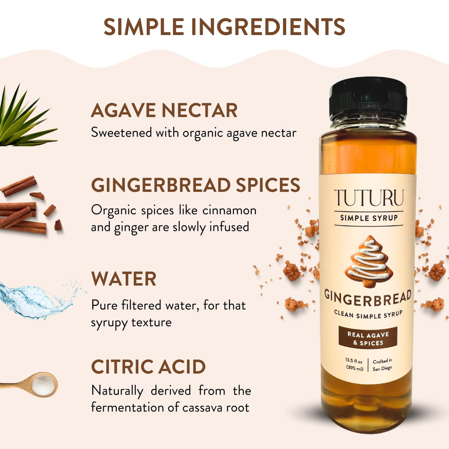 Gingerbread Simple Syrup for Coffee  Cocktails  Matcha - Sweetened with Agave Nectar - Infused with Real Gingerbread Spices - 13.5 oz
