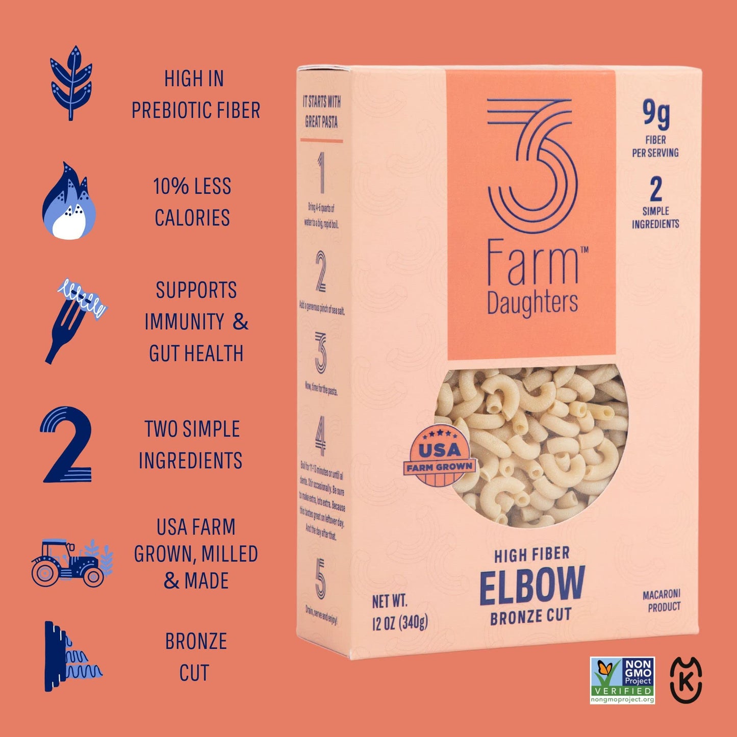 Three Farm Daughters High Fiber Elbow Macaroni Pasta Pack  Low GI  Non GMO Elbow Pasta Noodles  Low Net Carb  Made in the USA  12 oz. (1 Pack)