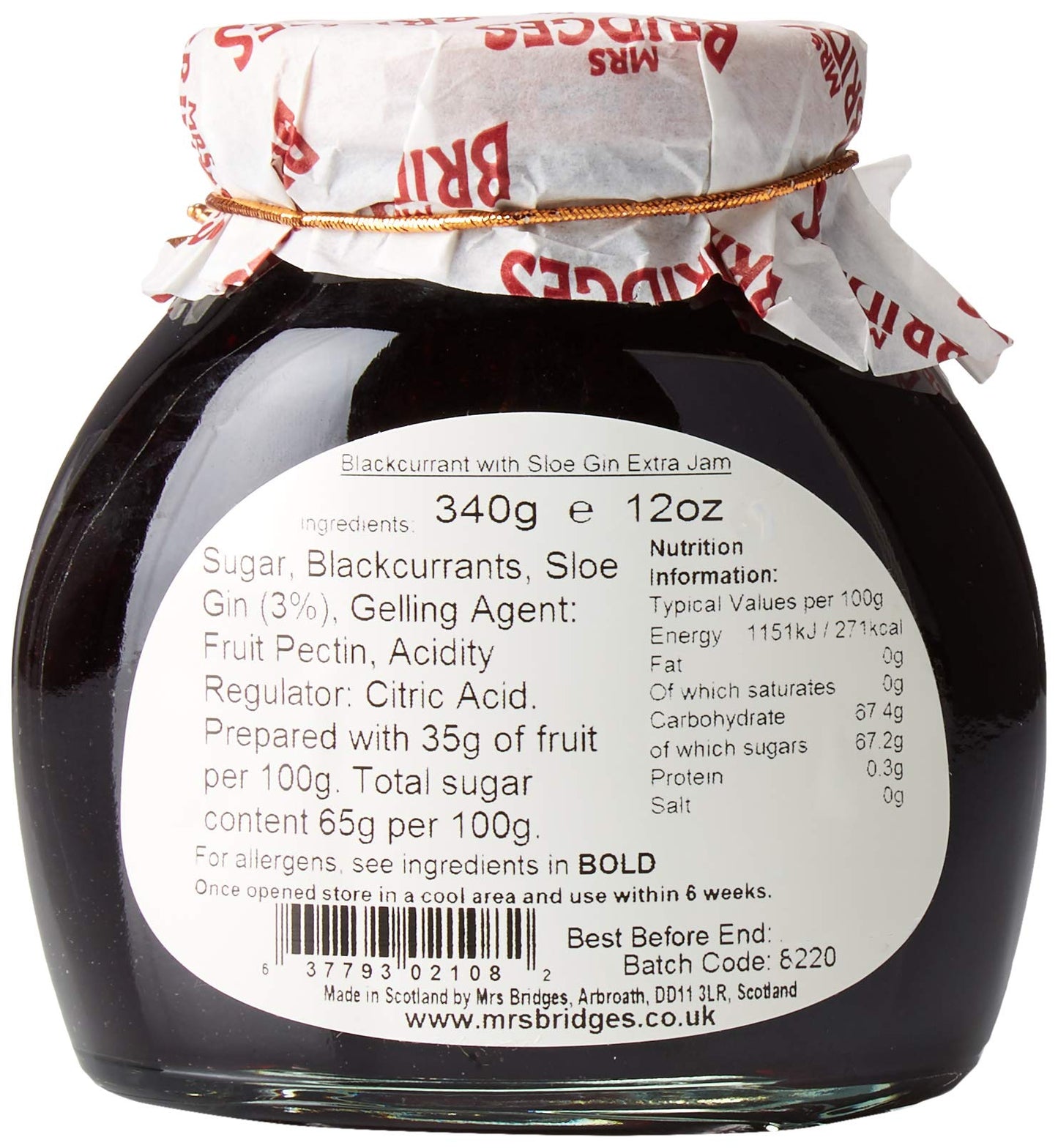 MRS BRIDGES Blackcurrant Preserve with Sloe Gin, 12oz Jar, Made in Scotland