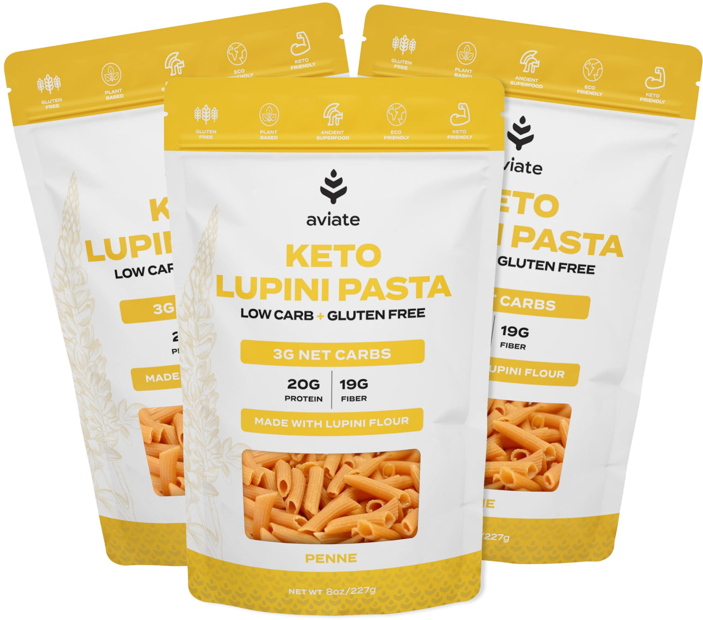 Aviate Keto Pasta Penne - Low Carb (3G Net) Lupini Penne Pasta - High Protein (20G) - Gluten-Free - Made With Lupin Flour [Plant