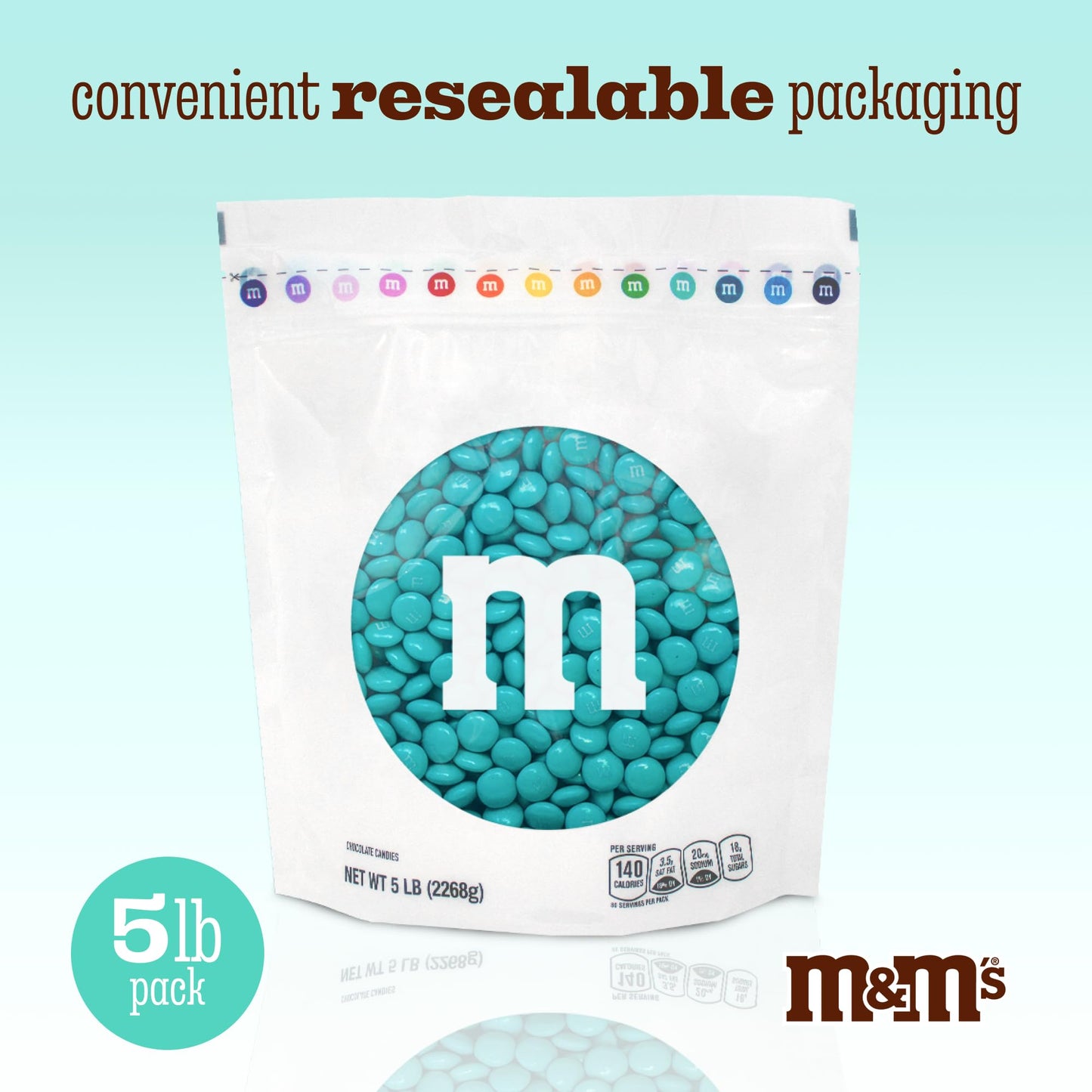 M&MS WORLD Aqua Milk Chocolate Candy, 5lbs of M&MS in Resealable Pack for Candy Bars, Birthday Parties, Graduations, Dessert Ta