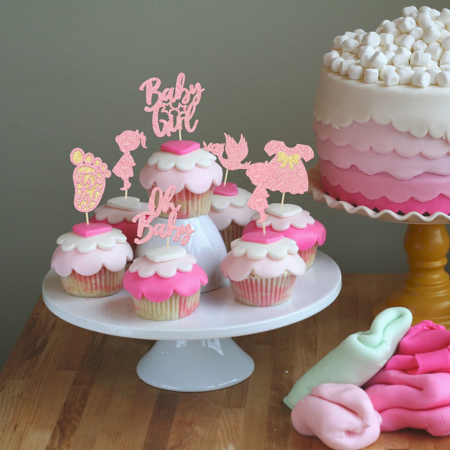 24Pcs Baby Shower Oh Baby Cupcake Toppers With Bow Dress Footprint Swan Pink Glitter Baby Girl Cake Picks Decorations For Baby S