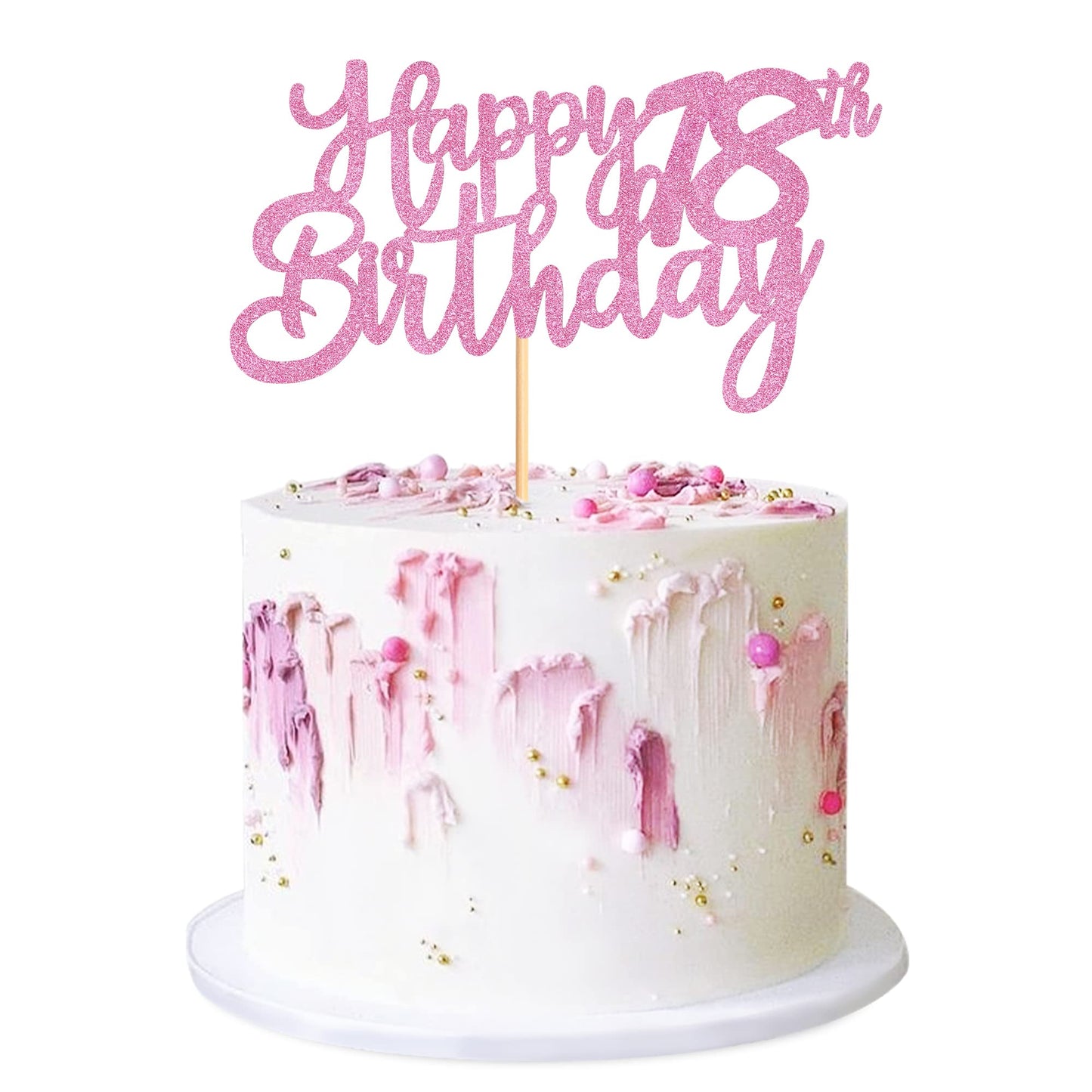 Cyodoos Pink Glitter 18th Birthday Cake Topper - Medium Paper Food Picks for Party Decorations