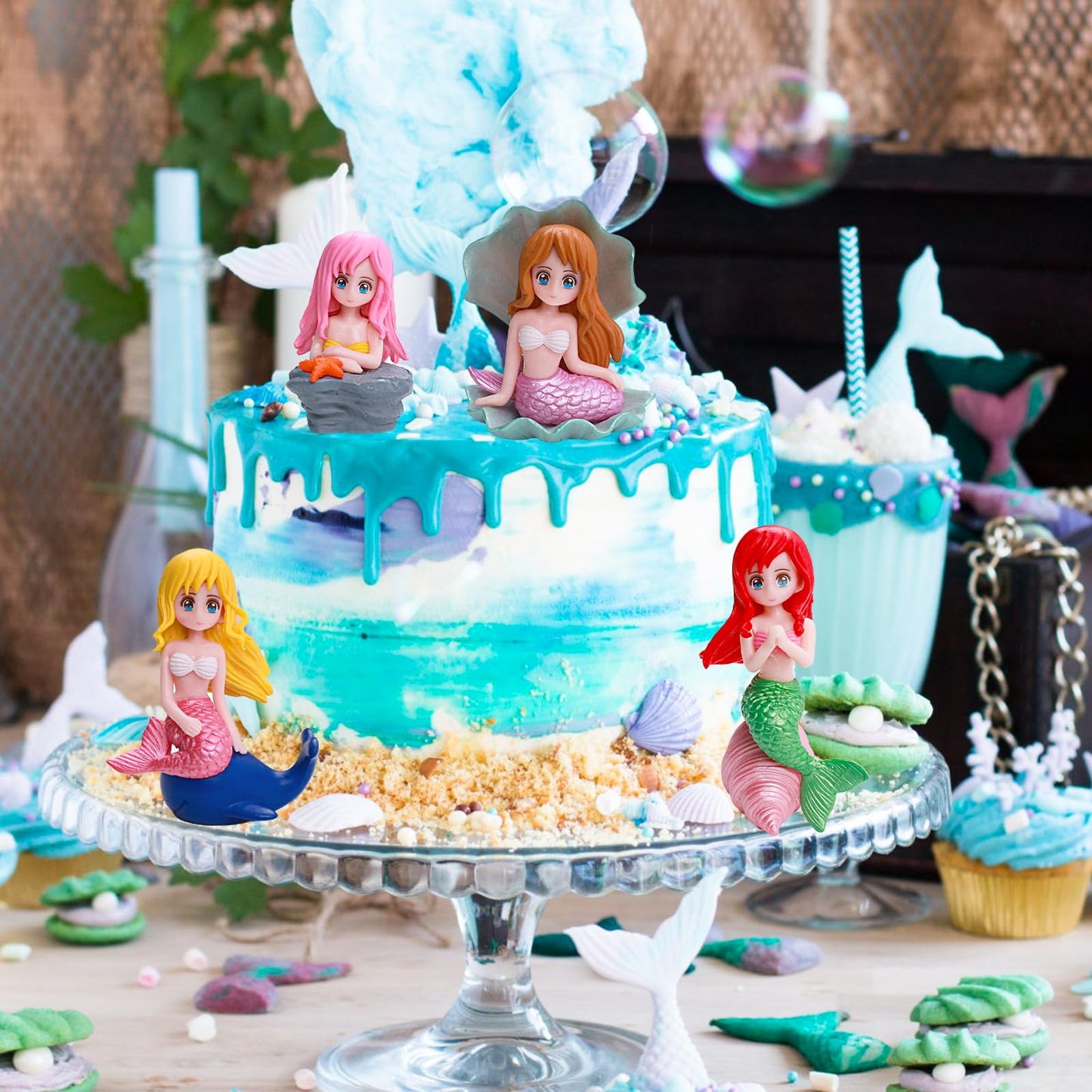 4Pcs Mermaid Cake Topper, Little Cute Mermaid Doll Figurines, Mermaid Birthday Cake Cupcake Topper Decorations For Kids Girls Me