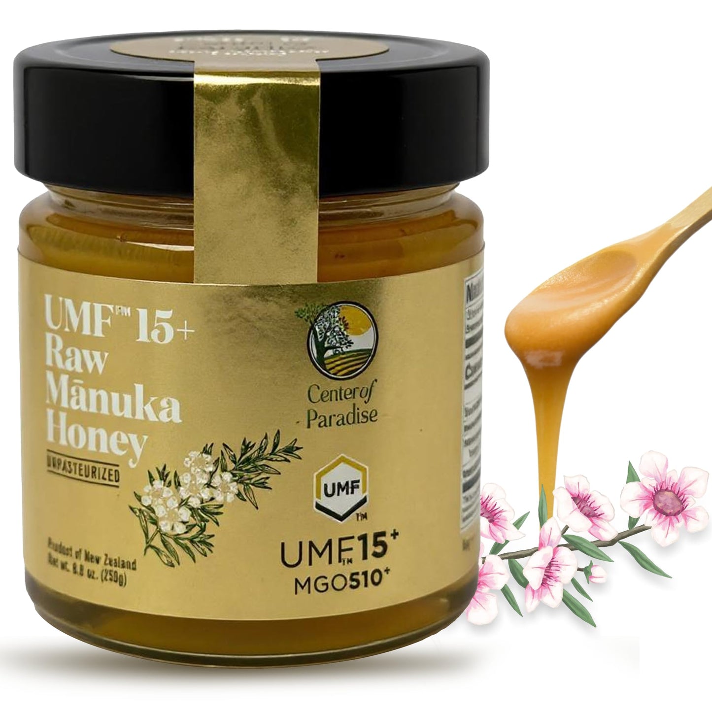 Center Of Paradise Raw Manuka Honey Certified Umf 15+ | Mgo 510+ (250G / 8.8Oz) Glass Jar - Pure & Natural Manuka Honey New Zealand For Daily Immune Support And Wellness - Non Gmo & Unpasteurized