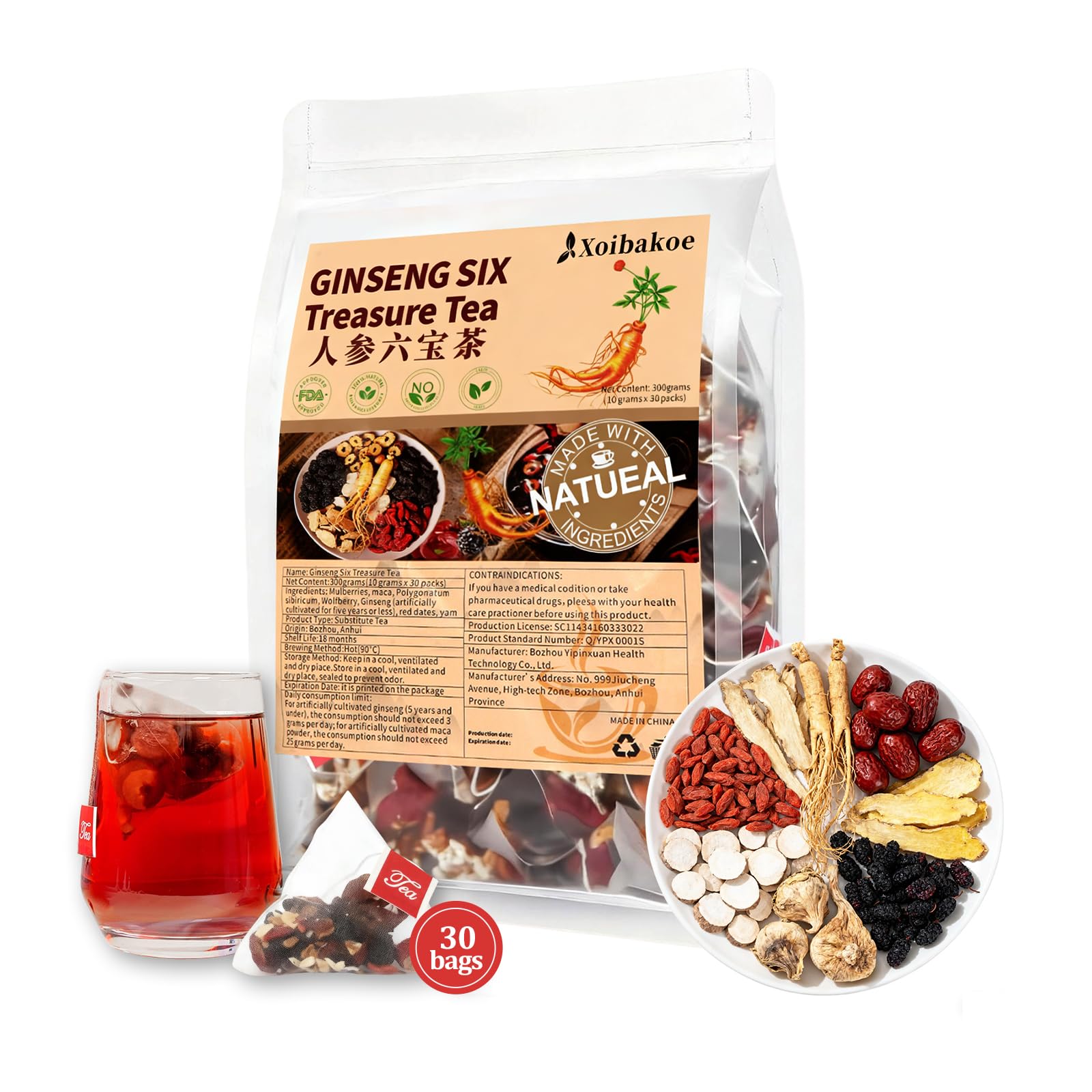 Kidney Tea Formula Flavor Blendseng Six Treasure Tea - Pure Natural Chinese Traditional Herbal Flavor Blendseng Six Treasure Kidney Detoxification Purification Tea Bag  Contains 7 Precious Ingredient Formulas (30 Bags/1 Pack)