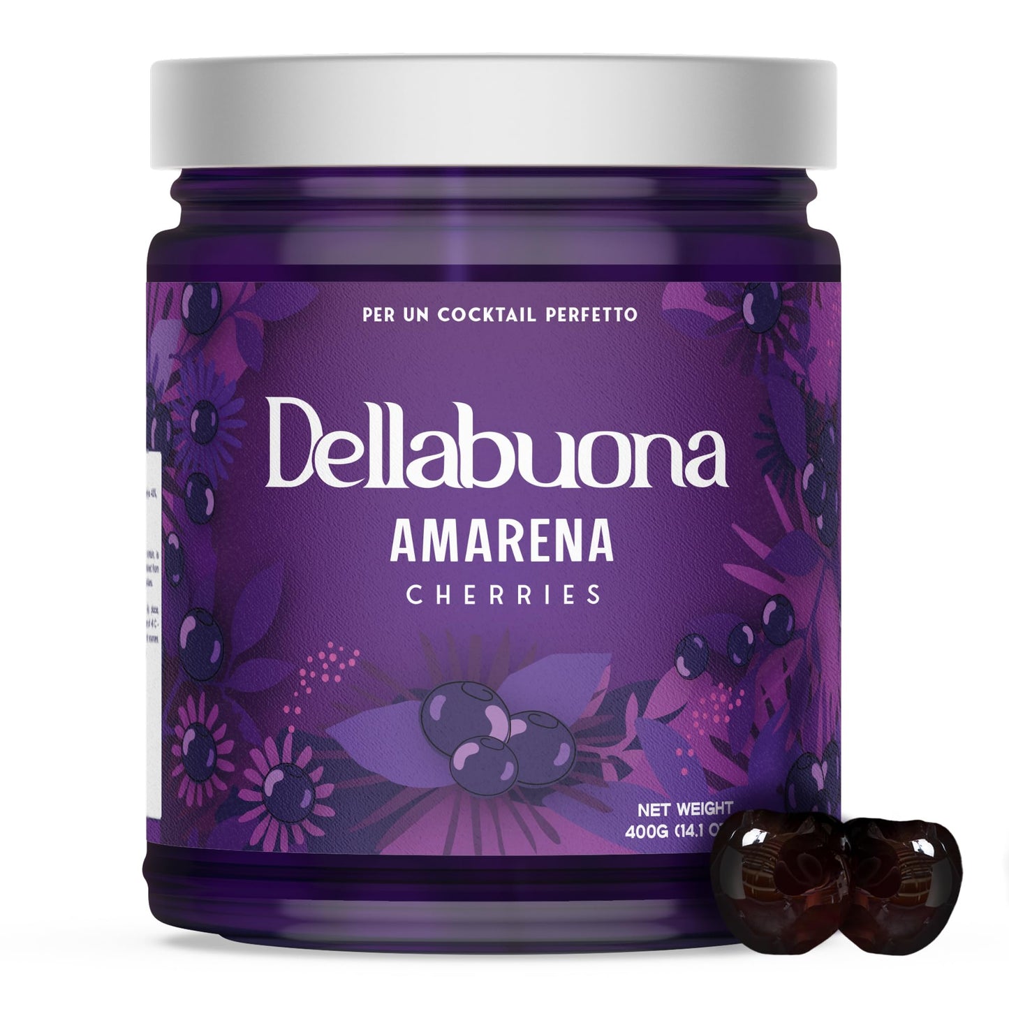 Dellabouna Amarena Cherries Jar Stems - Gourmet Italian Wild Cherry For Top-Grade Mixed Flavors Manhattans  Old Fashioned And Desserts. Rich Syrup. 400G Glass Jar (Pack Of 1)