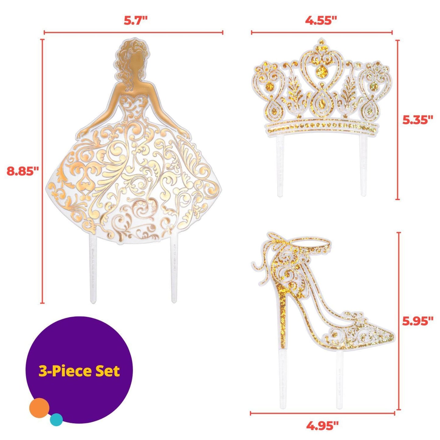 DecoPac QUINCEANERA Cake Decorating Kit, XL-GOLD Toppers, 3/PKG, Plastic for Girls Sweet 15 Birthdays, Model 24824