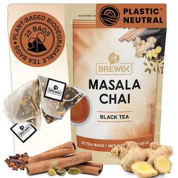 BREWIX, Masala Chai Tea Bags (25 Pyramid Tea Bags) Strong, Robust & Spicy - Pure Ingredients | Black Tea, Cinnamon, Ginger, Blac