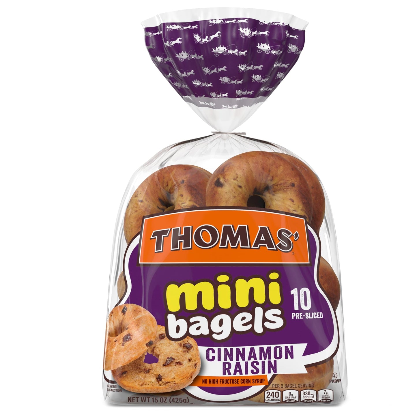 Thomas Cinnamon Raisin Mini Bagels, 10 Pre Sliced Mini Bagels with No High Fructose Corn Syrup, 15 Oz Bag