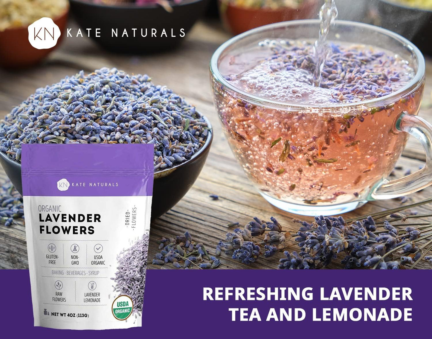Kate Naturals Dried Lavender Flowers, Culinary Grade, Organic, 4oz, Purple