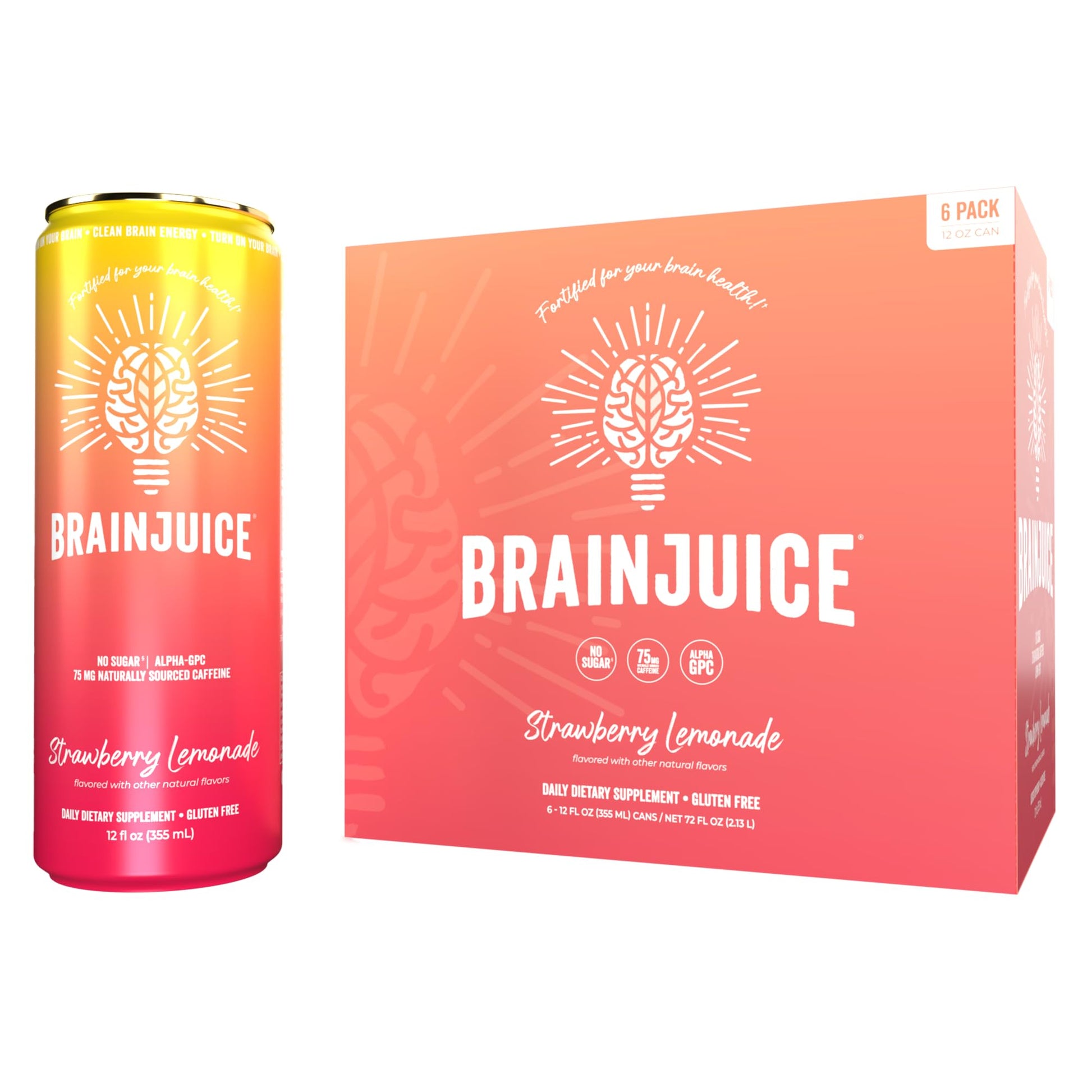 Brainjuice Brain Health Support Drink For Energy & Focus  Vitamin C  B5  B6 & B12  L Theanine  Alpha Gpc & Natural Energy Blend From Green Tea  Vegan  Gluten Free  Strawberry Lemonade  12 Oz Can  6 Pack