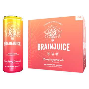 Brainjuice Brain Health Support Drink For Energy & Focus  Vitamin C  B5  B6 & B12  L Theanine  Alpha Gpc & Natural Energy Blend From Green Tea  Vegan  Gluten Free  Strawberry Lemonade  12 Oz Can  6 Pack