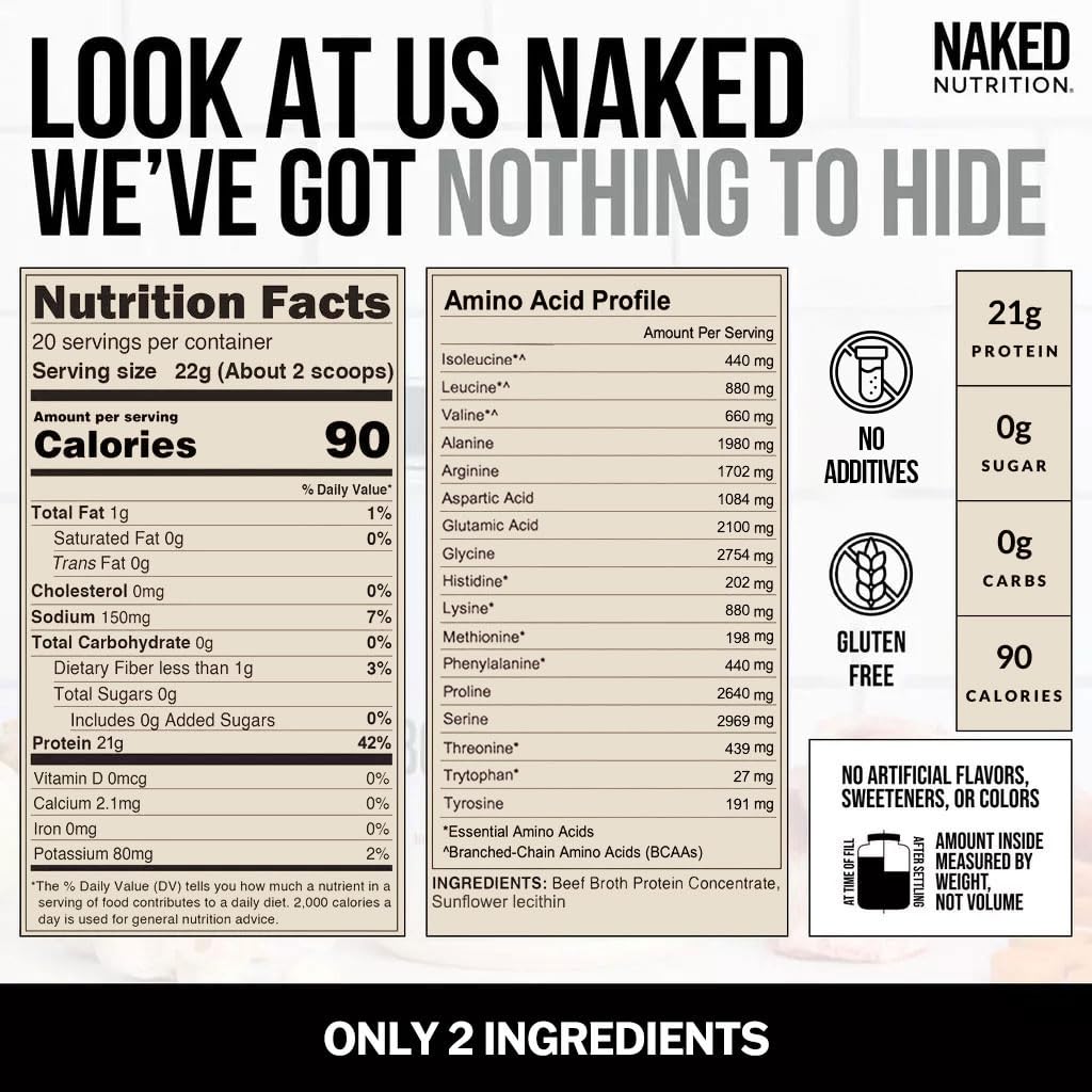NAKED Beef Bone Broth Protein Powder - 21G Protein, 17G Collagen - Unflavored, Gluten-Free - 1LB