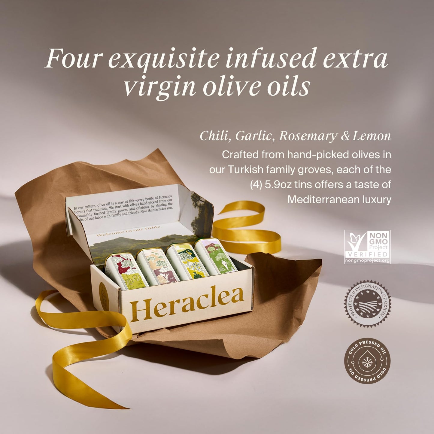Heraclea Aegean Flavors Gift Box - 4 Infused Olive Oils - 5.9oz Bottles - Extra Virgin Olive Oil - Organic - Cold Pressed