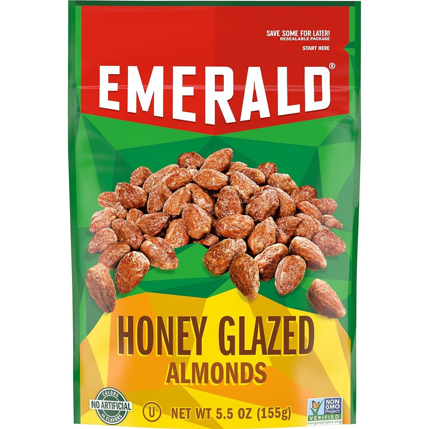 Emerald Nuts, Honey Glazed Almonds, 5.5 Oz, Resealable Bag (Pack of 2)